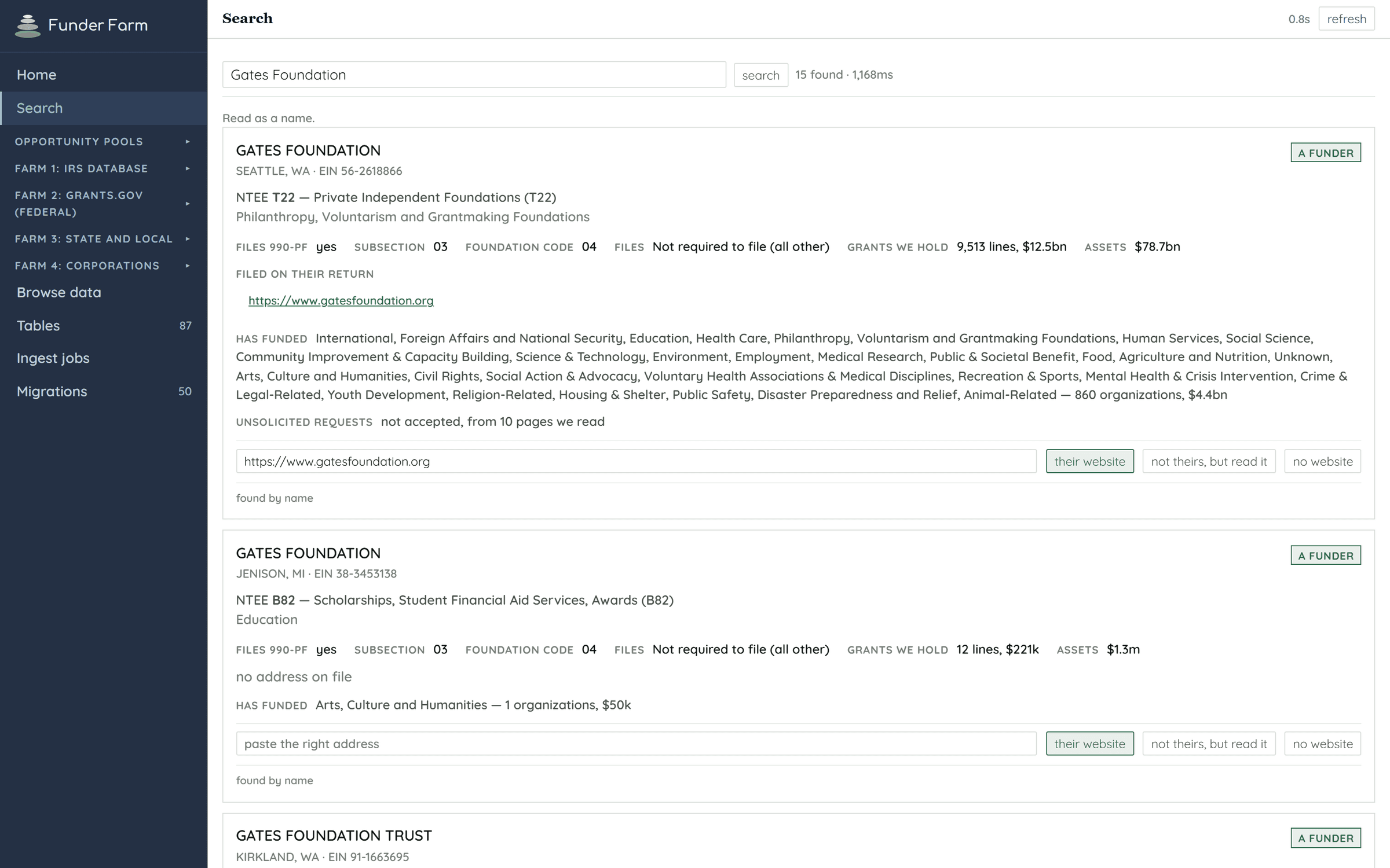 Funder Farm search results, showing matched funders with the evidence behind each match.